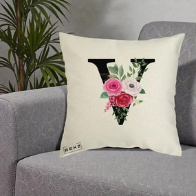Cadou Personalizat - Perna Personalizata Monograma Florala Litera V cu Buchet, 40x40 cm, Ecru, Husa Detasabila, Perna Inclusa, BEKZ®