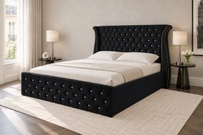 Pat tapițat din catifea Zafira 140×200 cm, negru, cu ladă de depozitare