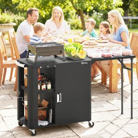 Outsunny Servantă de grădină cărucior de grătar pe roți cu masă laterală pliabilă dulap rafturi 166 x 54 x 88 cm negru | Aosom Romania