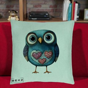 Perna Decorativa Bufnita Teal cu Doua Inimi, 40x40 cm, Verde Menta, Husa Detasabila, Perna Inclusa, BEKZ®