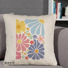 Perna Decorativa Flori Grafice Pastel Multicolor, 40x40 cm, Bej Canapea, Husa Detasabila, Perna Inclusa, BEKZ®