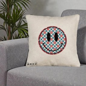 Perna Decorativa Smiley Face Checkered cu Floricele, 40x40 cm, Bej Canapea, Husa Detasabila, Perna Inclusa, BEKZ®
