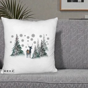Perna Decorativa Ren in Padure Inzapezita, 40x40 cm, Alb Pufos, Husa Detasabila, Perna Inclusa, BEKZ®