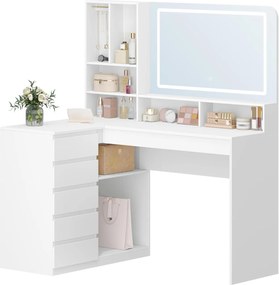 Masuta machiaj cu Oglinda LED si 5 Sertare pentru Cosmetice, Set Masa toaleta 120 cm, Alb, masuta cosmetica, vanity - SEA32