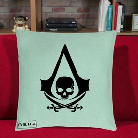 Perna Personalizata Assassin's Creed Black Flag Skull, 40x40 cm, Verde Menta, Husa Detasabila, Perna Inclusa, BEKZ®