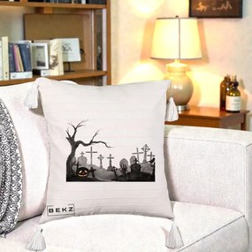 Perna Decorativa Halloween Cimitir Acuarela cu Dovleac, 40x40 cm, Bej cu Franjuri, Husa Detasabila, Perna Inclusa, BEKZ®