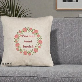 Cadou pentru Bunica - Perna Personalizata Cea Mai Buna Bunica Coronita Trandafiri Roz Clasic, 40x40 cm, Bej Canapea, Husa Detasabila, Perna Inclusa, BEKZ®
