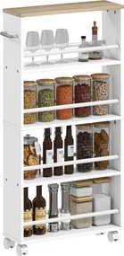 HOMCOM Raft multifuncțional cu roți, construcție îngustă, 4 compartimente, 45x15x91 cm, Lemn natural | Aosom Romania