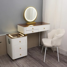 Set OFELIA, Masă de toaletă pentru machiaj cu oglindă iluminată LED, control touch, 6 sertare, comoda, scaun, Difuzor Bluetooth, zona încărcare fără fir, Alb, 80x50x75 cm