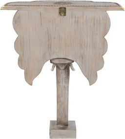 Consolă îngustă în stil etnic, din lemn de mango, gri, cu inserții de alamă și bază sculptată în formă de cap de elefant, 96 x 80 x 30 cm, „Elephas”