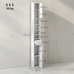 HOMCOM Dulap Înalt de Baie cu 2 Compartimente, 3 Rafturi Deschise și Sertar, 20x20x178 cm, Alb | Aosom Romania
