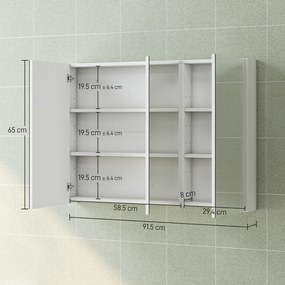 HOMCOM Dulap de Baie cu Oglindă, 3 Uși, 4 Rafturi Reglabile, 91,5 x 11,5 x 65 cm, Alb | Aosom Romania