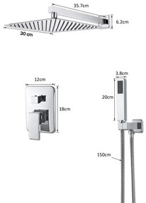 Set dus cu para patrata 30 cm, argintiu, 2 functii de curgere, montaj ascuns River