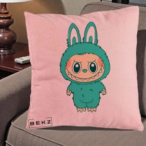 Perna Personalizata Labubu Turcoaz, 40x40 cm, Roz, Husa Detasabila, Perna Inclusa, BEKZ®