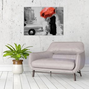 Tablou pe sticlă - Cuplu în dragoste sub o umbrelă, roșu (70x50 cm)
