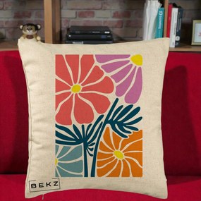 Perna Decorativa Flori Grafice Roz-Orange-Albastru, 40x40 cm, Bej, Husa Detasabila, Perna Inclusa, BEKZ®