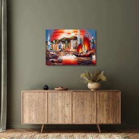 Tablou pe sticlă - Victoria Harbour, Hong Kong, pictură în ulei (70x50 cm)
