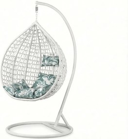 Scaun suspendat alb KOKON cu suport, perna verde-alb