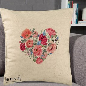 Perna Decorativa Inima din Bujori Acuarela, 40x40 cm, Bej, Husa Detasabila, Perna Inclusa, BEKZ®