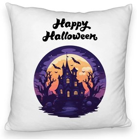 Perna Decorativa Fluffy cu motiv de Halloween si Text, 40x40 cm, Alba, Husa Detasabila, Burduf