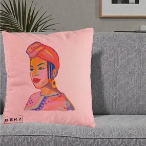 Perna Decorativa Portret Femeie Africana, 40x40 cm, Roz, Husa Detasabila, Perna Inclusa, BEKZ®