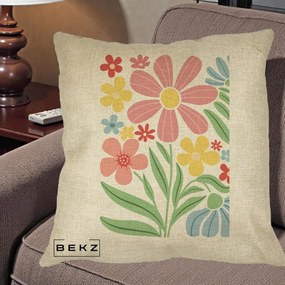 Perna Decorativa Flori Grafice Roz Pastel, 40x40 cm, Crem, Husa Detasabila, Perna Inclusa, BEKZ®
