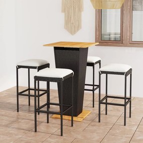 Set mobilier bar de gradina cu perne, 5 piese, negru, poliratan Negru, Lungime masa 60 cm, 5