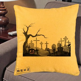 Perna Decorativa Halloween Cimitir Acuarela cu Dovleac, 40x40 cm, Galben, Husa Detasabila, Perna Inclusa, BEKZ®