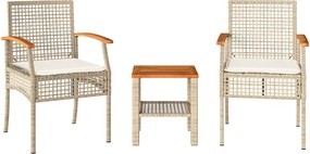 vidaXL Set bistro cu perne, 3 piese, bej, poliratan și lemn acacia