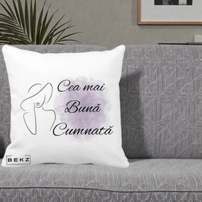 Cadou pentru Cumnata - Perna Personalizata Cea mai Buna Cumnata cu Silueta Dama si Pete Violet, 40x40 cm, Alba Mata, Husa Detasabila, Perna Inclusa, BEKZ®