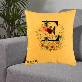 Cadou Personalizat - Perna Personalizata Monogram Litera E cu Flori Acuarela, 40x40 cm, Galben, Husa Detasabila, Perna Inclusa, BEKZ®
