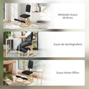 HOMCOM Scaun Ergonomic pentru Genunchi din Țesătură cu Aspect de In și Lemn de Mesteacăn, Negru | Aosom Romania