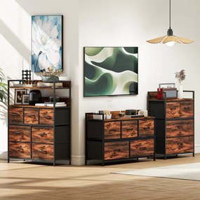 HOMCOM Comodă, mobilier de depozitare cu 5 sertare pliabile din țesătură, blat și cadru din oțel, 98 x 29 x 63 cm, maro rustic | Aosom Romania