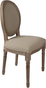 Scaun dining tapițat shabby chic din lemn masiv și stofă, bej, cu spătar oval și picioare strunjite canelate, 96 x 48 x 46 cm, „Amandine”