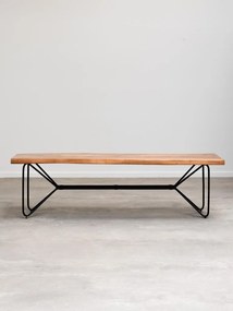 Masă dining cu bancă din lemn masiv de acacia, maro, 8 locuri, cu margini naturale și bază din metal negru, 77,5 x 180 x 96,5 cm, „Frequency”