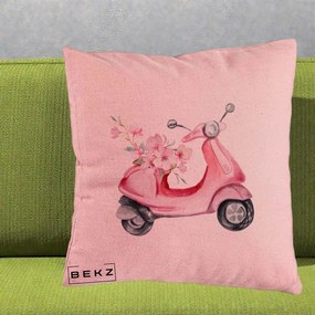 Perna Decorativa Scuter Roz cu Flori Acuarela, 40x40 cm, Roz, Husa Detasabila, Perna Inclusa, BEKZ®