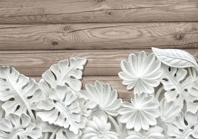 Fototapet - Florile albe ca labastru pe lemn (254x184 cm)