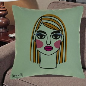 Perna Decorativa Portret Pop Art Fata, 40x40 cm, Verde, Husa Detasabila, Perna Inclusa, BEKZ®