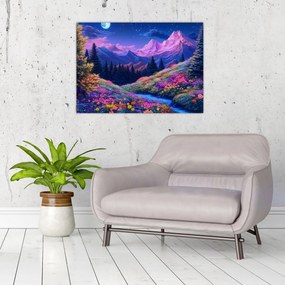 Tablou pe sticlă - Peisaj violet la lună plină (70x50 cm)