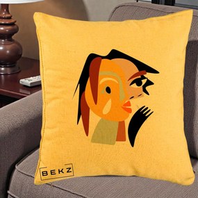 Perna Decorativa Portret Abstract Galben-Ocru, 40x40 cm, Galben, Husa Detasabila, Perna Inclusa, BEKZ®