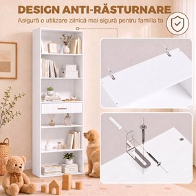 HOMCOM Bibliotecă Înaltă cu Cuburi, 7 Niveluri cu Sertar, MDF, 60x24x182 cm, Alb | Aosom Romania