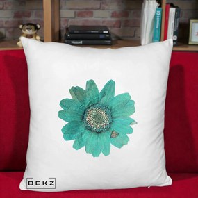 Perna Decorativa Floare Gerbera Teal Acuarela, 40x40 cm, Alb Pufos, Husa Detasabila, Perna Inclusa, BEKZ®