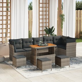 vidaXL Set de canapele pentru grădină, 10 piese, cu perne, gri, din ratan sintetic, din acacia