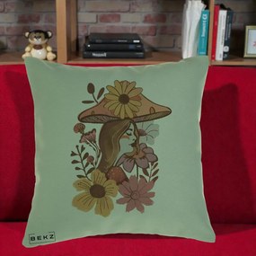 Perna Decorativa Fata Ciuperca Florala Boho, 40x40 cm, Verde, Husa Detasabila, Perna Inclusa, BEKZ®