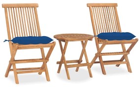 Set mobilier exterior pliabil cu perna, 3 piese, lemn masiv tec Albastru, 3