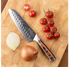 Gudaro - Cuțit de bucătărie Santoku din oțel Damasc FENG 7,5", cu 67 de straturi de oțel, lungime 18 cm
