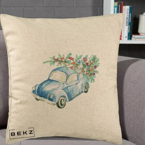 Perna Decorativa Masinuta Albastra cu Brad de Craciun, 40x40 cm, Bej, Husa Detasabila, Perna Inclusa, BEKZ®