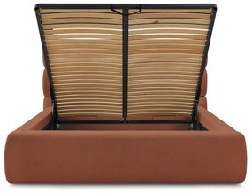 Pat matrimonial portocaliu tapițat cu spațiu de depozitare și somieră 160x200 cm Jagna – Bobochic Paris