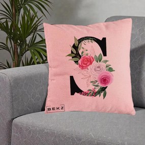 Cadou Personalizat - Perna Personalizata Monograma Florala Litera S, 40x40 cm, Roz, Husa Detasabila, Perna Inclusa, BEKZ®