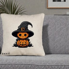 Perna Decorativa Halloween Dovleac Vrajitor Kawaii, 40x40 cm, Bej Canapea, Husa Detasabila, Perna Inclusa, BEKZ®